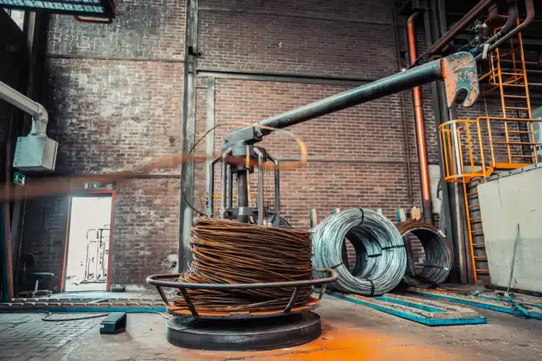 Mehrere Drahtcoils sind um ein hochkant aufgestelltes Gestell (Glührost) gewickelt. Im Hintergrund liegen jede Menge Drahtcoils. Der Hintergrund zeigt eine große Industriehalle