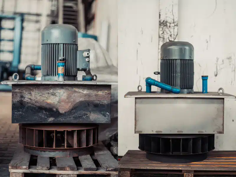 zwei Bilder eines Luftwälzer im Vergleich vor und nach der Aufbereitung/Pflege durch den Betrieb. Wartung eines Luftumwälzers