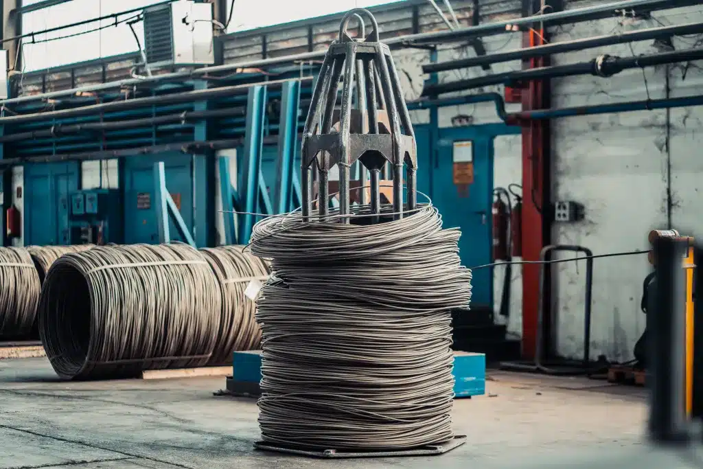Stahlbau 7 Mehrere Drahtcoils sind um ein hochkant aufgestelltes Gestell (Glührost) gewickelt. Im Hintergrund liegen jede Menge Drahtcoils. Der Hintergrund zeigt eine große Industriehalle
